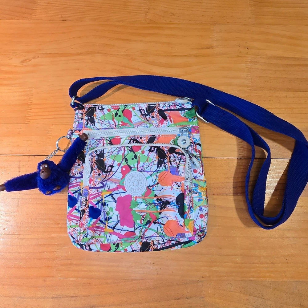 Kipling Crossbody Bag Multicolor Paint Splatter Indigo Purple Monkey Charm 9x8